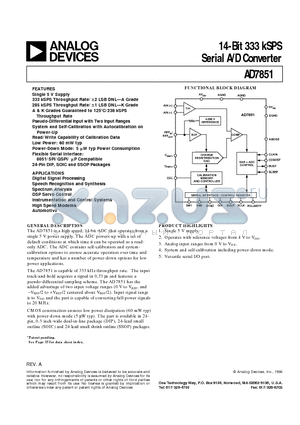 AD7851KR datasheet - 14-Bit 333 kSPS Serial A/D Converter