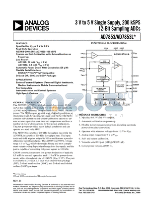 AD7853LAR datasheet - 3 V to 5 V Single Supply, 200 kSPS 12-Bit Sampling ADCs