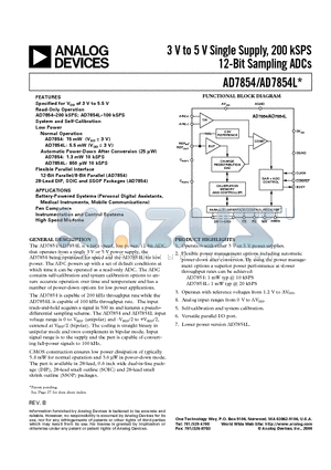 AD7854LARS datasheet - 3 V to 5 V Single Supply, 200 kSPS 12-Bit Sampling ADCs