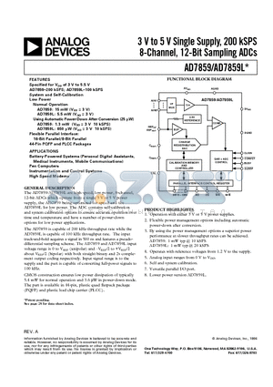 AD7859L datasheet - 3 V to 5 V Single Supply, 200 kSPS 8-Channel, 12-Bit Sampling ADCs