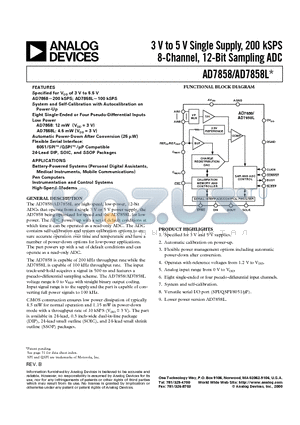 AD7858LAR datasheet - 3 V to 5 V Single Supply, 200 kSPS 8-Channel, 12-Bit Sampling ADC