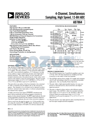 AD7864AS-1 datasheet - 4-Channel, Simultaneous Sampling, High Speed, 12-Bit ADC