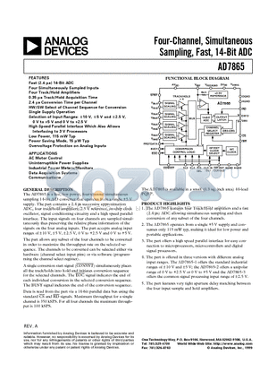 AD7865AS-1 datasheet - Four-Channel, Simultaneous Sampling, Fast, 14-Bit ADC