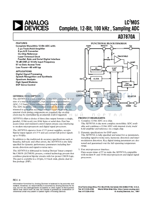 AD7870AJN datasheet - LC2MOS Complete, 12-Bit, 100 kHz , Sampling ADC