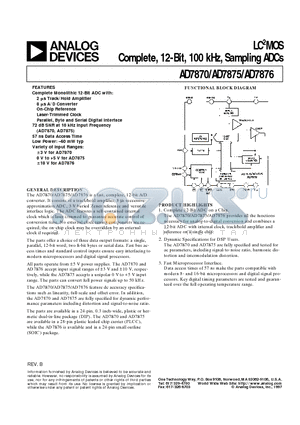 AD7870JP datasheet - LC2MOS Complete, 12-Bit, 100 kHz, Sampling ADCs