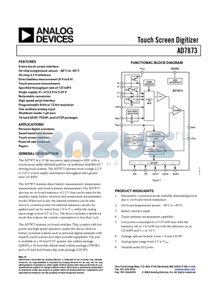 AD7873BCP datasheet - Touch Screen Digitizer