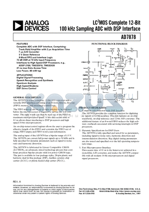 AD7878KN datasheet - LC2MOS Complete 12-Bit 100 kHz Sampling ADC with DSP Interface