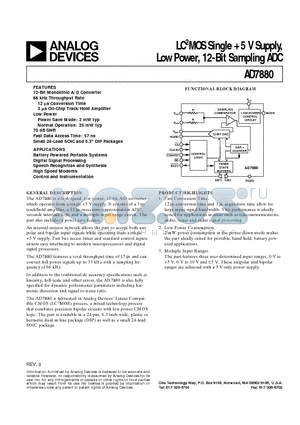 AD7880BN datasheet - LC2MOS Single 5 V Supply, Low Power, 12-Bit Sampling ADC