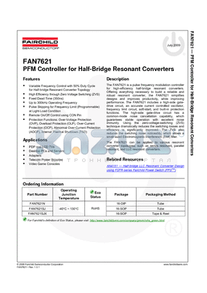 FAN7621N datasheet - PFM Controller for Half-Bridge Resonant Converters