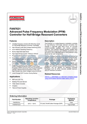 FAN7631SJ datasheet - Advanced Pulse Frequency Modulation (PFM) Controller for Half-Bridge Resonant Converters