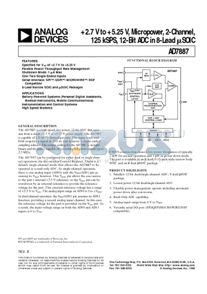 AD7887AR datasheet - 2.7 V to 5.25 V, Micropower, 2-Channel, 125 kSPS, 12-Bit ADC in 8-Lead uSOIC