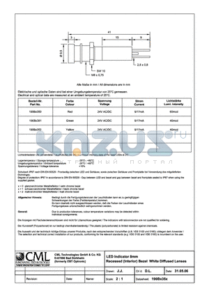 190BX351 datasheet - LED Indicator 8mm Recessed (Interior) Bezel White Diffused Lenses
