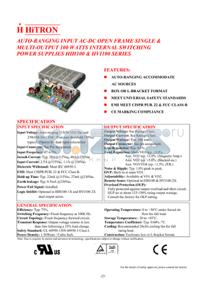 HIH100-13 datasheet - AUTO-RANGING INPUT AC-DC OPEN FRAME SINGLE & MULTI-OUTPUT 100 WATTS INTERNAL SWITCHING POWER SUPPLIES