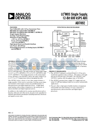 AD7892ACHIPS-3 datasheet - LC2MOS Single Supply, 12-Bit 600 kSPS ADC