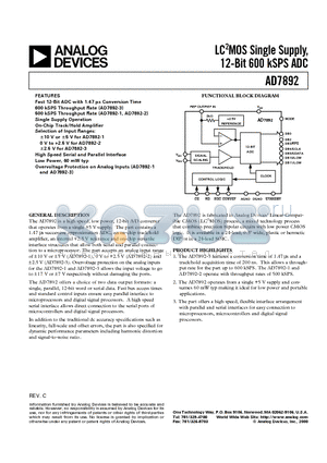 AD7892AN-3 datasheet - LC2MOS Single Supply, 12-Bit 600 kSPS ADC