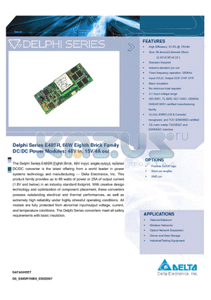 E48SR1R225NRFA datasheet - Delphi Series E48SR, 66W Eighth Brick Family DC/DC Power Modules: 48V in, 15V/4A out