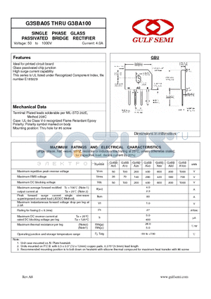 G3SBA10 datasheet - SINGLE PHASE GLASS PASSIVATED BRIDGE RECTIFIER Voltage: 50 to 1000V Current: 4.0A