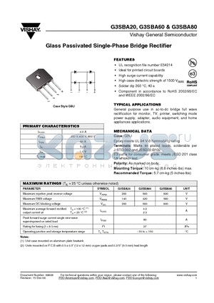 G3SBA20 datasheet - Glass Passivated Single-Phase Bridge Rectifier