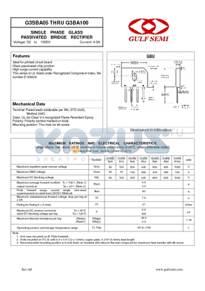 G3SBA60 datasheet - SINGLE PHASE GLASS PASSIVATED BRIDGE RECTIFIER Voltage: 50 to 1000V Current: 4.0A