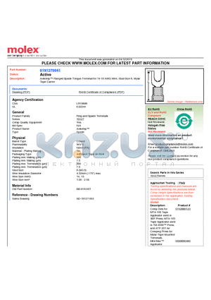 191270041 datasheet - Avikrimp Flanged Spade Tongue Terminal for 14-16 AWG Wire, Stud Size 6, MylarTape Carrier