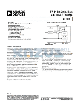 AD7894AR-10 datasheet - 5 V, 14-Bit Serial, 5 ms ADC in SO-8 Package