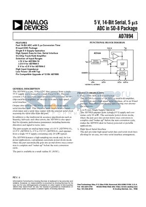 AD7894BRZ-3 datasheet - 5 V, 14-Bit Serial, 5 ms ADC in SO-8 Package