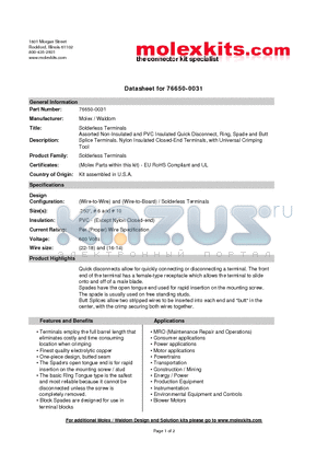 19130-0046 datasheet - Assorted Non-Insulated and PVC Insulated Quick Disconnect, Ring, Spade and Butt Splice Terminals