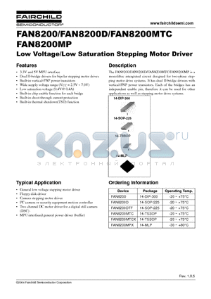 FAN8200 datasheet - Low Voltage/Low Saturation Stepping Motor Driver