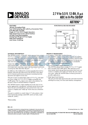 AD7896AR datasheet - 2.7 V to 5.5 V, 12-Bit, 8 us ADC in 8-Pin SO/DIP