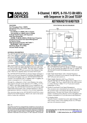 AD7908BRU-REEL datasheet - 8-Channel, 1 MSPS, 8-/10-/12-Bit ADCs with Sequencer in 20-Lead TSSOP
