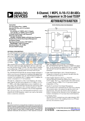 AD7908BRU-REEL7 datasheet - 8-Channel, 1 MSPS, 8-/10-/12-Bit ADCs with Sequencer in 20-Lead TSSOP