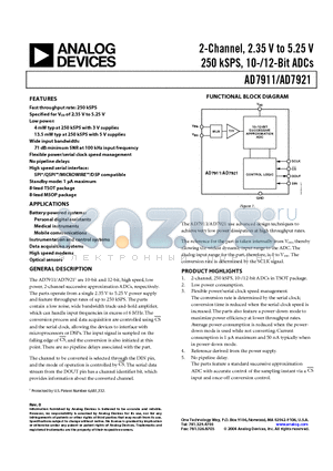 AD7911AUJ-R2 datasheet - 2-Channel, 2.35 V to 5.25 V 250 kSPS, 10-/12-Bit ADCs