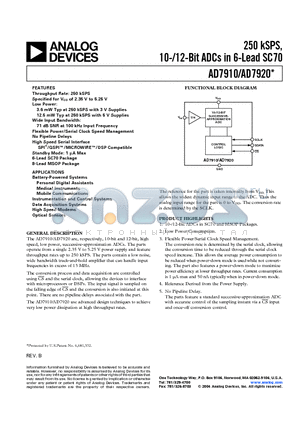 AD7920 datasheet - 250 kSPS, 10-/12-Bit ADCs in 6-Lead SC70