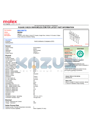 90120-0770 datasheet - 2.54mm (.100) Pitch C-Grid III Header, Single Row, Vertical, 10 Circuits, 0.38lm (15l) Gold (Au) Selective Plating