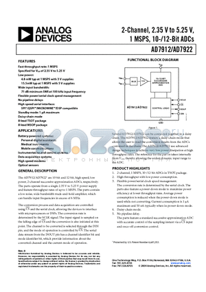 AD7922ARM-REEL datasheet - 2-Channel, 2.35 V to 5.25 V, 1 MSPS, 10-/12-Bit ADCs