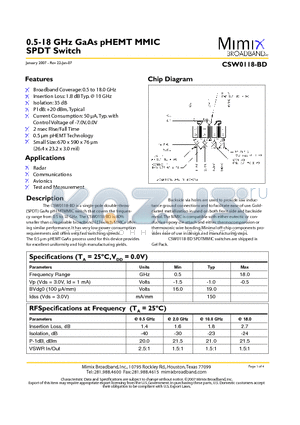 CSW0118-BD datasheet - 0.5-18 GHz GaAs pHEMT MMIC SPDT Switch