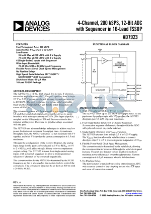 AD7923 datasheet - 4-Channel, 200 kSPS, 12-Bit ADC with Sequencer in 16-Lead TSSOP