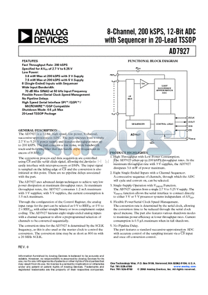 AD7927BRU datasheet - 8-Channel, 200 kSPS, 12-Bit ADC with Sequencer in 20-Lead TSSOP