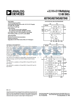 AD7943ARS-B datasheet - 3.3 V/5 V Multiplying 12-Bit DACs