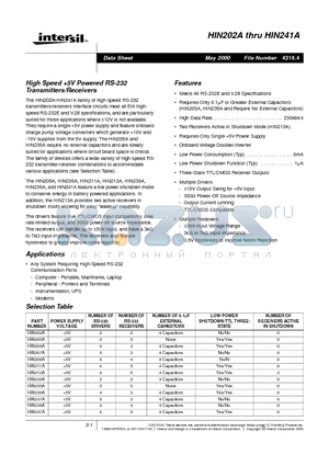 HIN211ACA datasheet - High Speed 5V Powered RS-232 Transmitters/Receivers
