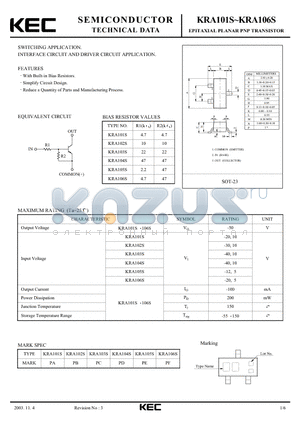 KRA104S datasheet - EPITAXIAL PLANAR PNP TRANSISTOR