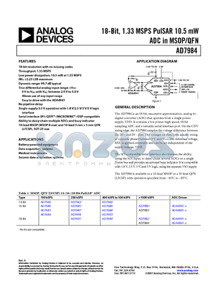 AD7984BCPZ-RL7 datasheet - 18-Bit, 1.33 MSPS PulSAR 10.5 mW ADC in MSOP/QFN