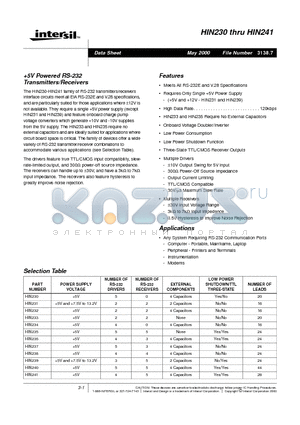 HIN232 datasheet - 5V Powered RS-232 Transmitters/Receivers