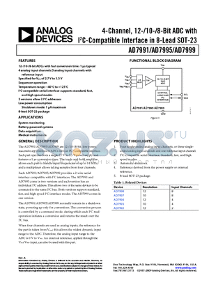 AD7991 datasheet - 4-Channel, 12-/10-/8-Bit ADC with I2C-Compatible Interface in 8-Lead SOT-23