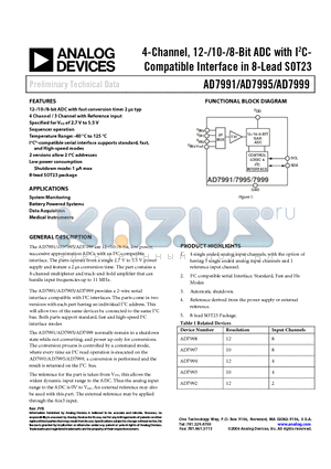 AD7991BRJZ-1 datasheet - 4-Channel, 12-/10-/8-Bit ADC with I2CCompatible Interface in 8-Lead SOT23
