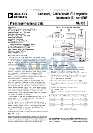 AD7992 datasheet - 2-Channel, 12-Bit ADC with I2C Compatible Interface in 10-Lead MSOP