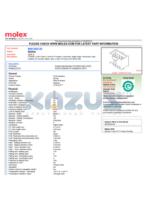 90130-3122 datasheet - 2.54mm (.100) Pitch C-Grid III Header, Dual Row, Right Angle, Shrouded, Fully Loaded, 22 Circuits, Black, 3lm (118l) Tin (Sn) over Nickel (Ni)