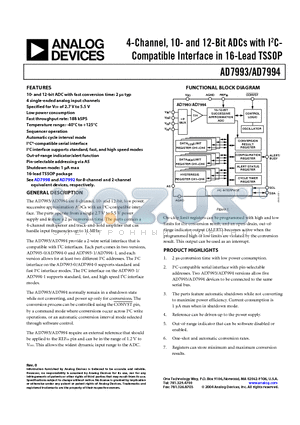 AD7993BRUZ-0REEL datasheet - 4-Channel, 10- and 12-Bit ADCs with I2C Compatible Interface in 16-Lead TSSOP