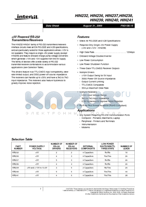 HIN237CBZ-T datasheet - 5V Powered RS-232 Transmitters/Receivers