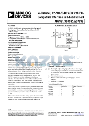 AD7995YRJZ-1RL datasheet - 4-Channel, 12-/10-/8-Bit ADC with I2C-Compatible Interface in 8-Lead SOT-23